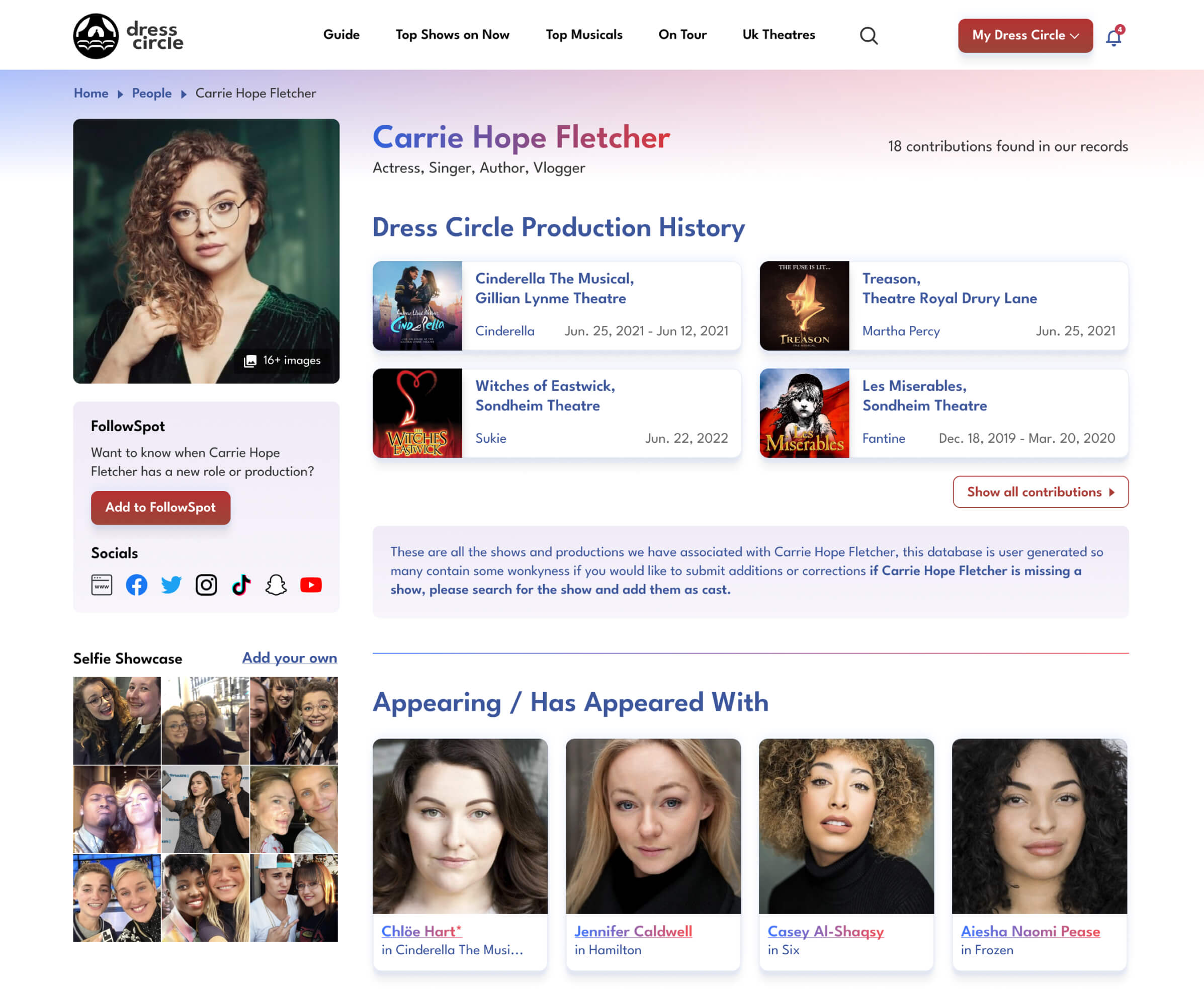 Actor’s page with links to shows they have appeared in, other actors and engagement options