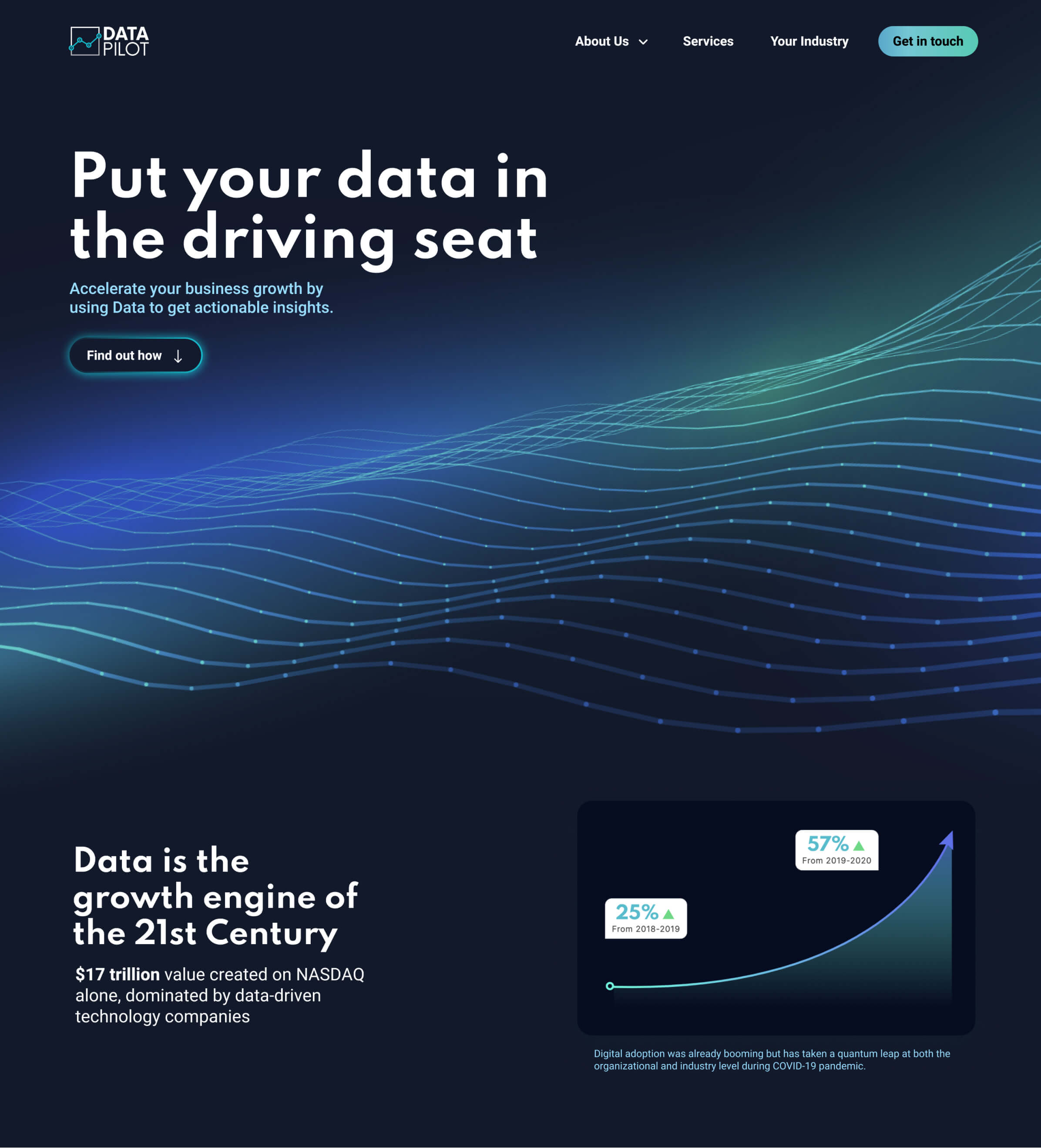 Home page of the Data Pilot website, with sections introducing the impact of their services, followed by links to services.