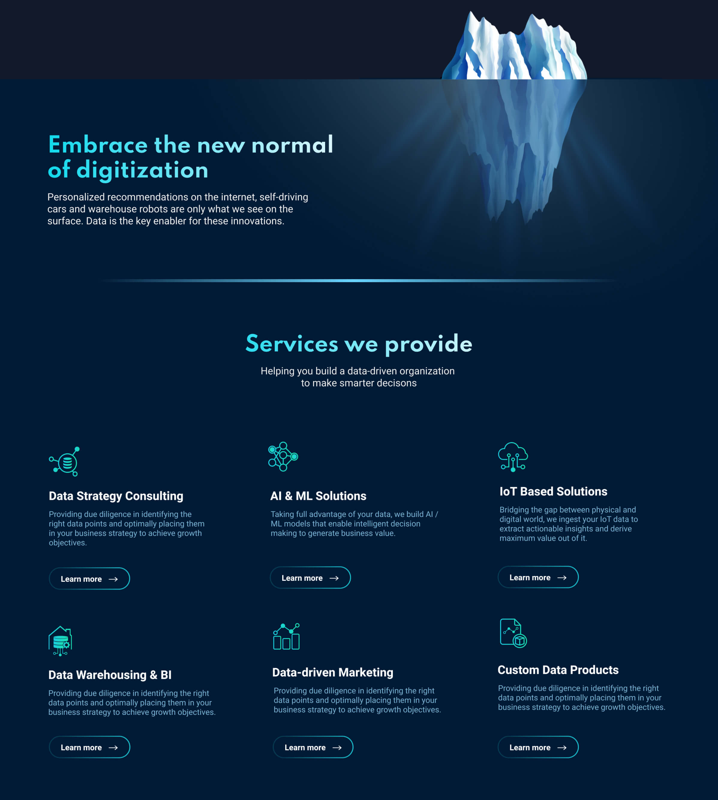 Home page of the Data Pilot website, with sections introducing the impact of their services, followed by links to services.